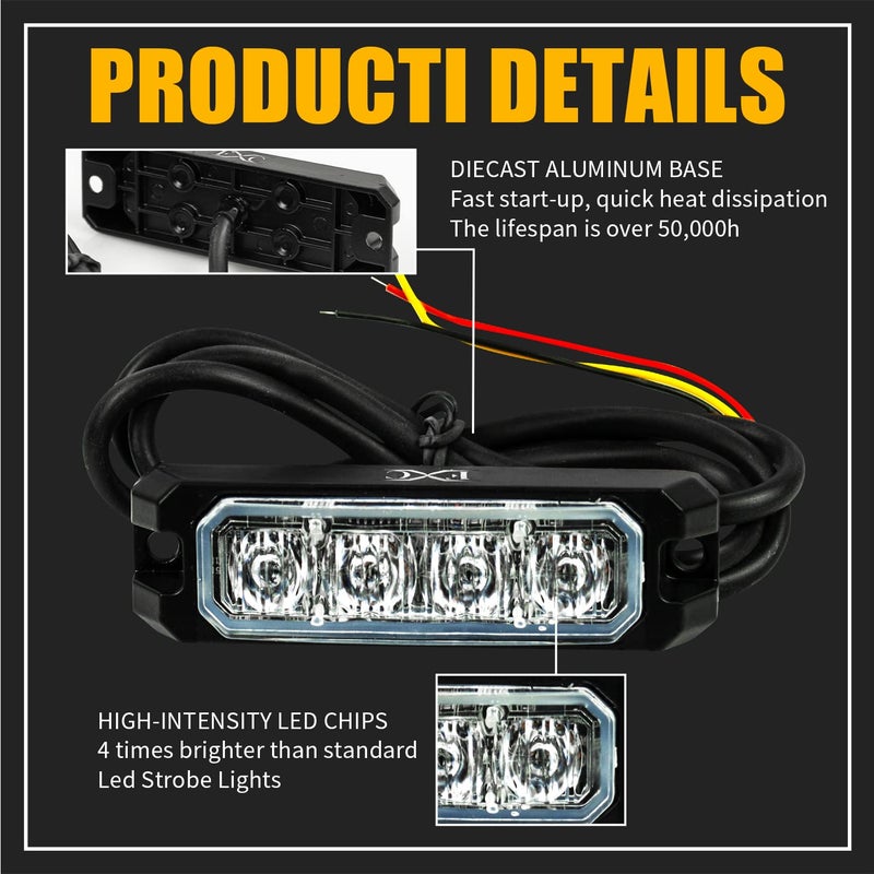 FXC 4-LED Strobe Lights for Trucks Amber Waterproof Emergency Beacon Flash Lights,Purishion Caution Bar 10 Patterns Flashing Car SUV Pickup Truck Van Vehicle POV (2 Pack)(4LED Amber) - Image 4